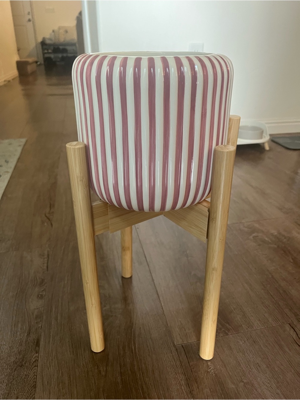 Striped Pink Ceramic Planter with Bamboo Stand